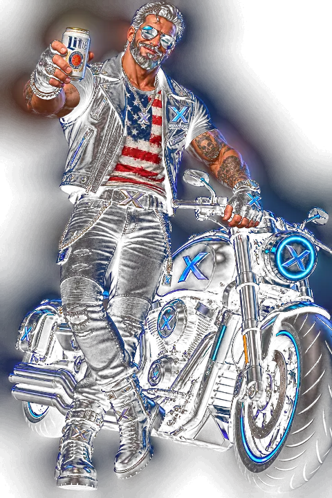 The XMAX mascot: a bearded biker in a leather vest leaning on a black motorcycle with glowing X badges, raising a can in a toast.