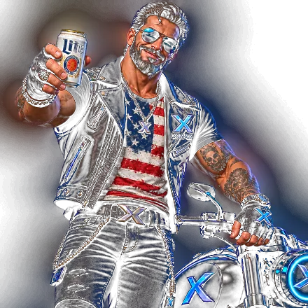 The XMAX mascot: a bearded biker in sunglasses and a leather vest, raising a can in a toast.